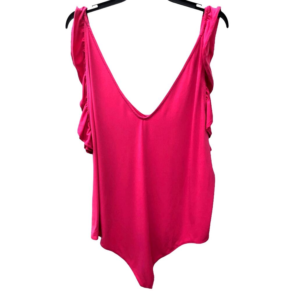 Hot Pink Magenta Bodysuit Ruffle Flutter Sleeve Thong  Women's 1X 2X 4X - Picture 4 of 7